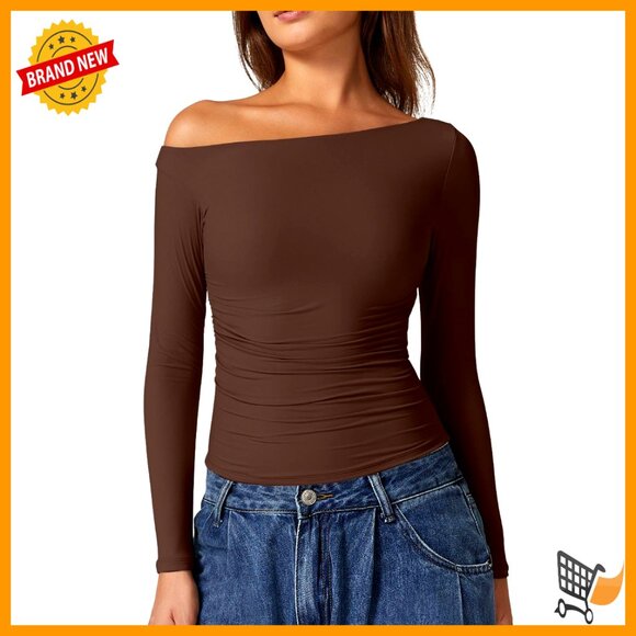 Tops - Sexy Off Shoulder Long Sleeve Ruched Fitted Top Double Lined Y2K Chic